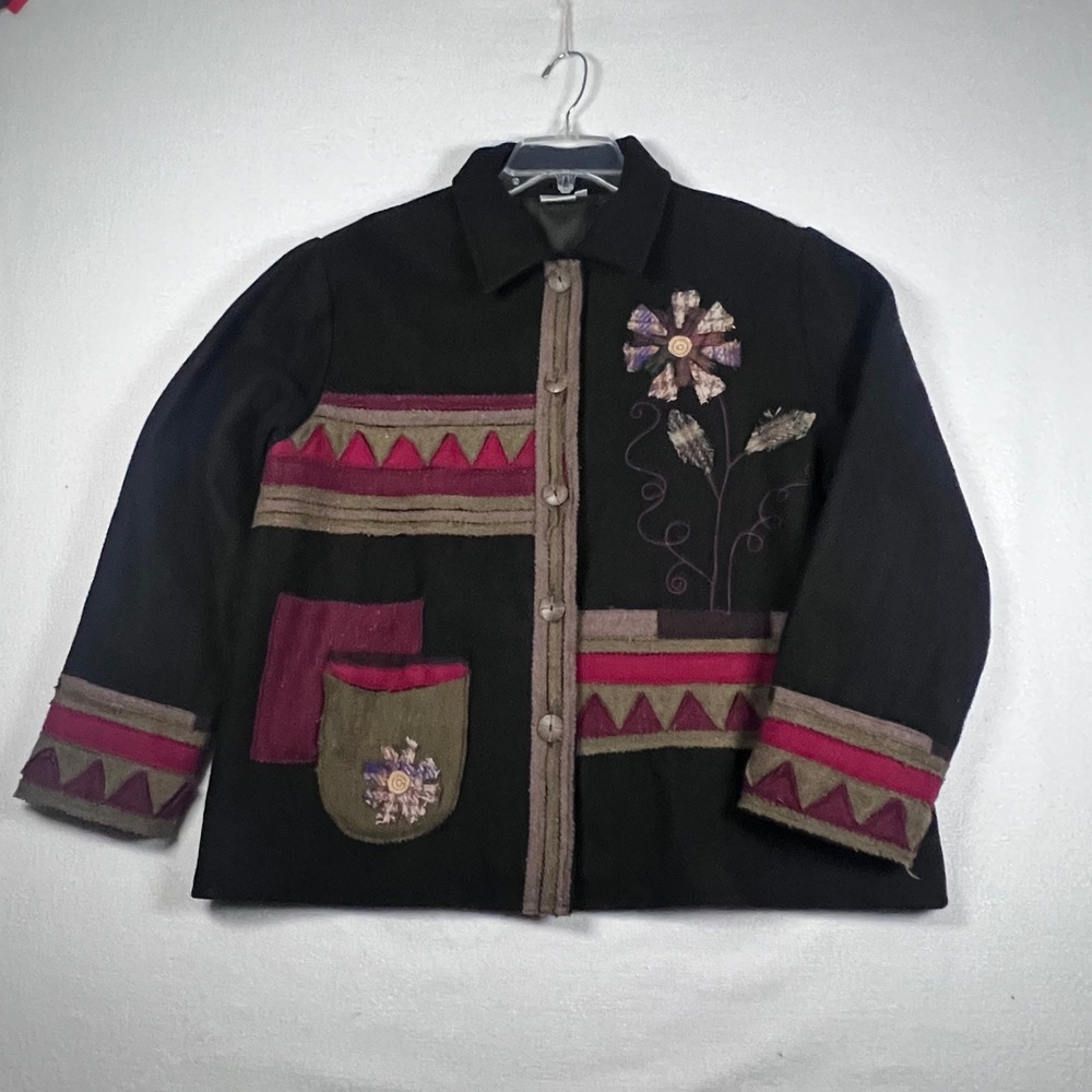 Parsley & Sage Black Multicolor‎ Jacket Women LG Wool Artsy Floral Applique Boho